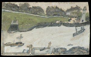 Kikötői jelenet várral és világítótoronnyal (ceruza és olaj a kártyán) alkotó: Alfred Wallis