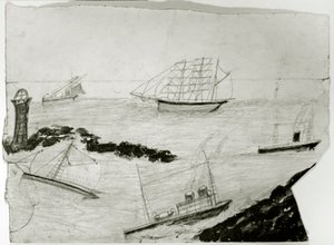 Három vitorlás, két gőzhajó és Godrevy világítótorony, 1935-38 körül (olaj és ceruza a kártyán) alkotó: Alfred Wallis