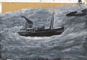 Trawler and Pier (oil on card) alkotó: Alfred Wallis