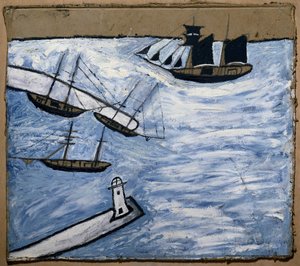 Saint Ives kikötőjének és világítótornyának látképe (Cornwall, Anglia). Olaj és ceruza, karton, Alfred Wallis (1855-1942). alkotó: Alfred Wallis