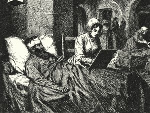 Florence Nightingale angol nővér levelet ír a krími háborúban megsebesült katonának a scutari kórházban, 1855