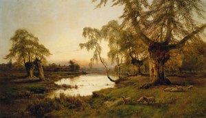 Egy tó mellett legeltető juhok naplementekor (olaj, vászon) alkotó: Alfred de Breanski