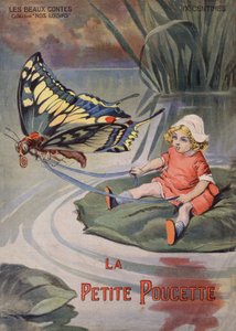 A Kis Thummy. Egy tavirózsán ülő pici kislány húzza a pillangót. Hans Christian Andersen (1805-1875) meséje. Vaccari és Carrey illusztrációja a „” Les beaux tales”” „” Nos loisirs””” gyűjteményben 1910 körül. Magángyűjtemény.
