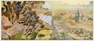 Portugál gerillák a félszigeti háborúban (színes litográfia) alkotó: Alfredo Roque Gameiro