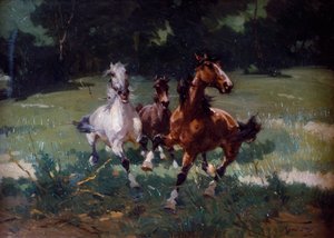 Futólovak, Alfredo Tominz (1854-1936) festménye, olaj, karton, 67x48 cm, Olaszország