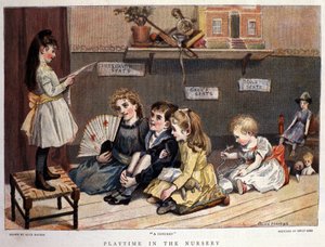 Gyerekjátékok: „” A koncert”” Egy kislány énekel a gyerekekből és játékokból álló közönség előtt. Alice Havers rajza. 1877