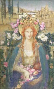 Magyar Szent Erzsébet, 1916 (tempera, papír, kartonra fektetve, féldrágakövekkel kirakott aranylevéllel, diadém domborművön) alkotó: Alice Macallan Swan