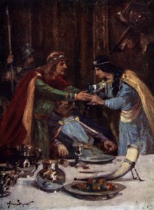 II. Aethelbert kelet-angliai király megmérgezése Cynethryth, a merciai Offa II felesége által, 794 (színes litó) alkotó: Allan (after) Stewart
