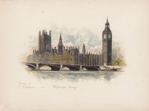 Ismerős London: a Parlament és a Westminster-híd (színes litográfia)