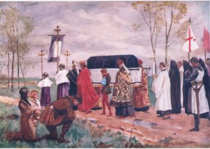Szent Hugh temetése, illusztráció az angol miniszterek gyermekmeséiből, 1920 körül (színes litho) alkotó: Allan Stewart