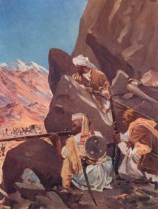 Hegyi törzsek lövöldöznek a brit erőkre az északnyugati határon (színes lithó) alkotó: Allan Stewart