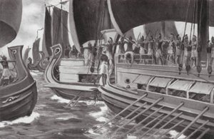 A történelem első tengeri csatája (litográfia) alkotó: Allan Stewart