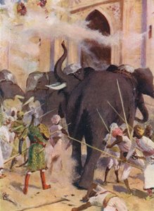 Háborús elefántok rohamozzák az Arcot-i erőd kapuját (színes litográfia) alkotó: Allan Stewart