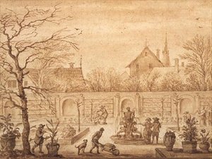 PD.326-1963 Kilátás egy holland kertre, 1650-60 körül (tinta és mosás) alkotó: Allart van Everdingen