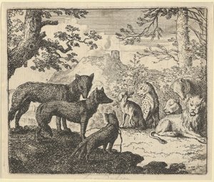 Renard szülei engedélyt kérnek, hogy visszavonulhassanak az udvartól, Hendrick van Alcmar „Renard, a róka” című művéből alkotó: Allart van Everdingen