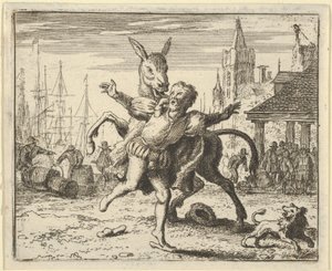 A szamár, féltékeny a kutya gazdájától kapott figyelmére, utánozni akar..., 1650-75. alkotó: Allart van Everdingen