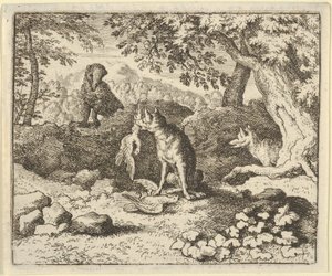 A borz siet, hogy figyelmeztesse Renardot az oroszlán szándékára, 1650-75. alkotó: Allart van Everdingen
