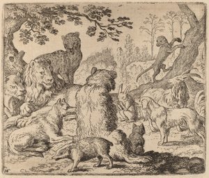 Az oroszlán tömeges támadást parancsol Reynard ellen, valószínűleg c. 16451656.