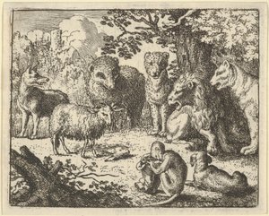 A majom kinyitja a csomagot és eltávolítja a nyúl fejét a... nagy meglepetésére, 1650-75. alkotó: Allart van Everdingen