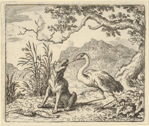 A gólya csontot távolít el a farkas torkából Hendrick van Alcmar Renard The F... című művéből, 1650-75.