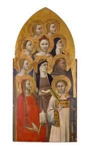 Szentek és angyalok, 1370 körül (tempera és aranylevél a fán)