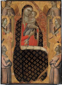 A Fenséges Szűz hat angyallal körülvéve Allegretto Nuzi (1350-1375) oltárképe. Homályos. 138 x 99 cm. Avignon, a kis palota múzeuma