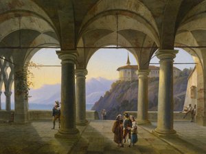 Oszlopterasz figurális személyzettel és kilátással a hegyi tóra alkotó: Alois Gustav Schulz