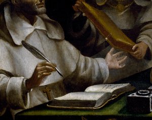 Szent Albert kezei, ahogy ír, részlet a Nagy Szent Albertnek és Aquinói Szent Tamásnak megjelenő Szent Pálról, Alonso Antonio Villamor (1661-1729) festménye, részlet