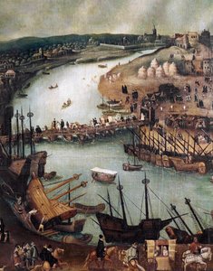 Sevilla városa. Részletes kikötő és kereskedelmi tevékenységek (festészet, 16. század vége)