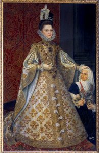 Portré Spanyol csecsemőjének lábánál Isabelle Clara Eugenie of Habsburg, Hollandia uralkodója és Magdalena Ruiz Alonso Sanchez Coello (1531-1588) festménye V. 1,29 x 2,07 m. 1585. Madrid. Musee du Prado – A csecsemő teljes alakos portréja alkotó: Alonso Sánchez Coello