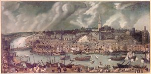 Sevilla városának kilátása (Spanyolország) Alonso Sanchez-Coello (Sanchez Coello) festménye (kb. 1531-1588) XVI. század vége