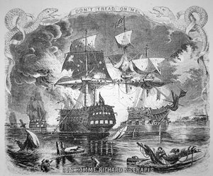 John Paul Jones, a Bonhomme Richard parancsnoka, 1779. szeptember 23-án legyőzi a HMS Serapist (litho)