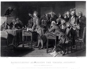 Patrick Henry beszédet mond a virginiai közgyűlésen, 1775. március, vésette Henry Bryan Hall (1808-84), 1856 alkotó: Alonzo Chappel