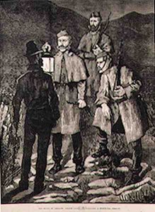 Írország helyzete: A The Illustrated London News 1881. június 8-i számából: Egy rendőrjárőr kihív egy gyanúsítottat alkotó: Aloysius C. OKelly