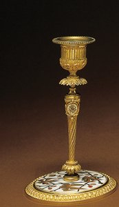 Gyertyatartó, egy Napóleon III. négyrészes íróasztal készletből, Duvinage és Harinckouk intarziája, 1877 körül