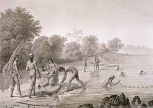 A Mariannák őslakosainak hagyományos halászati módszerei, Louis Claude Desaulses de Freycinet (1779-1842) "Voyage Autour du Monde (1817-20)" című művéből, Bovinet metszete, megjelent 1822-24-ben (litográfia).
