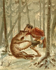 Münchausen báró találkozása egy farkassal, Rudolf Erich Raspe (1736-94) „Munkhausen báró kalandjai” című művéből, 1886 körül (színes litó)
