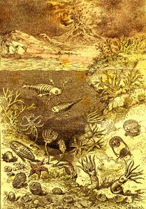 Őstörténet – A szilur kor vége: Természetes teremtés és élőlények (J. Rengade) A. Demarle rajz. 1885 alkotó: Alphonse Demarle