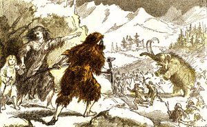 Őstörténet-mamutvadászat. Jégkorszak: Természetes teremtés és élőlények. A. Demarle rajza. 1885