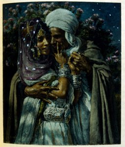 Illusztráció: Dinet az arab élet „Mirages” című darabjából. 1906. Mirages, Scénes De La Vie Arab című filmet Etienne Dinet illusztrálta Silman Ben Ibrahim Bamer kommentárjával. Nasreddine Dinet Alphonse-Étienne Dinet néven született; (1861-1929) francia ke alkotó: Alphonse Etienne Dinet