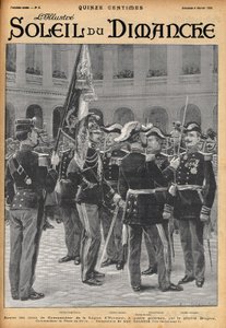 Brugere tábornok bemutatja a Becsületlégió parancsnoki keresztjét négy tábornoknak (Gosse Dubois, Colonna tábornok, Toulza tábornok, Dalstein tábornok). Lalauze metszete a „Le Soleil-du-Dimanche”-hoz 1900 februárjában.