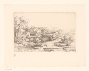 Táj deszkával egy folyó felett la passerelle alkotó: Alphonse Legros (attributed to)