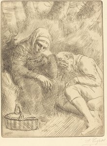 Férfi és feleség az út mellett ülve kosárral Homme et femme assis au bord... alkotó: Alphonse Legros