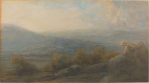 Hegyi táj két figurával a jobb oldalon alkotó: Alphonse Legros