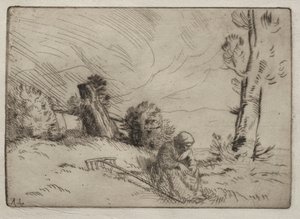 Parasztasszony ül egy sövény közelében alkotó: Alphonse Legros