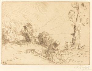 Parasztasszony ül egy sövény közelében alkotó: Alphonse Legros