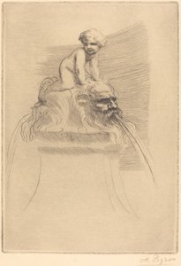 Kis szökőkút, gyerek játszik a groteszkeken Kis szökőkút, gyerek játszik a maszkokon. alkotó: Alphonse Legros