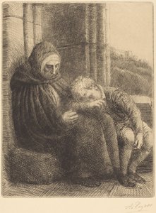 A falnak támaszkodva ülő nő, a fejét az ölébe hajtó gyermek (Ülő nő, háttérben a fal, a fejét az ölébe hajtó gyermek) alkotó: Alphonse Legros