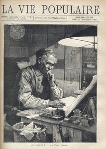 Egy koncentrált másoló dolgozik az irodájában. Illusztráció: Alfons Maria Mucha (Alphonse Marie Mucha alkotó: Alphonse Mucha
