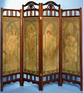 Egy szecessziós képernyő, a paneleket a "Les Heures du Jour" sorozat díszíti, amely Eveil Matint, Eclat du Jourt, Reverie du Soir-t és Repos de la Nuitot tartalmazza, 1899 alkotó: Alphonse Mucha